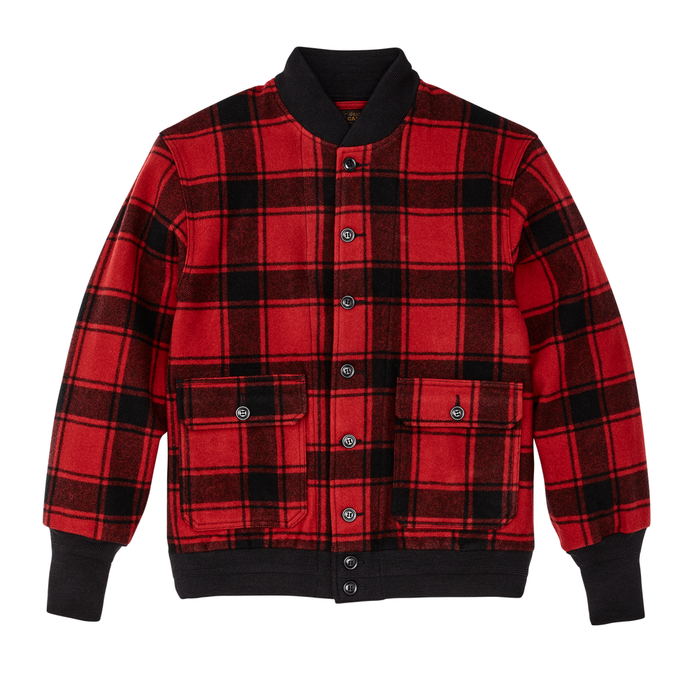 Front-facing image of the Filson Ccc Wool Bomber - Red Black Plaid