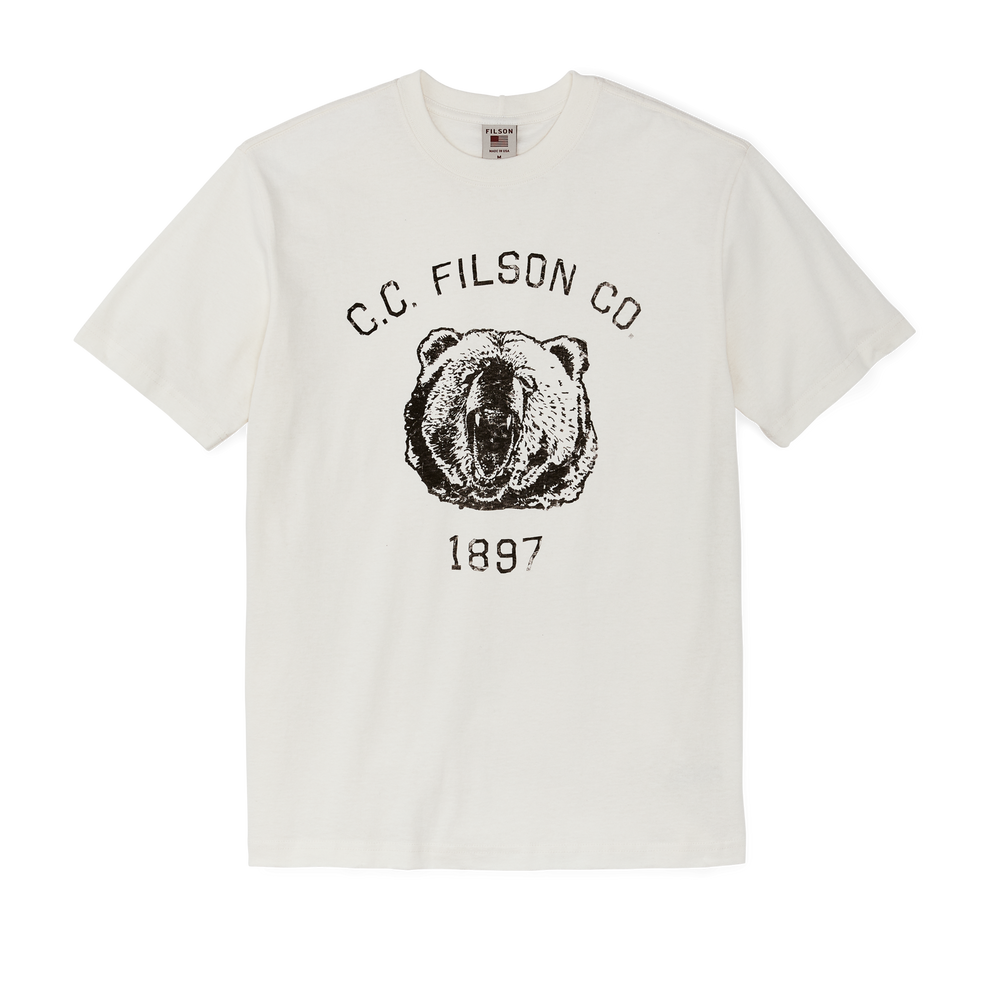 Front-facing image of the Filson Pioneer Graphic T-shirt - Off White / Bear Roar