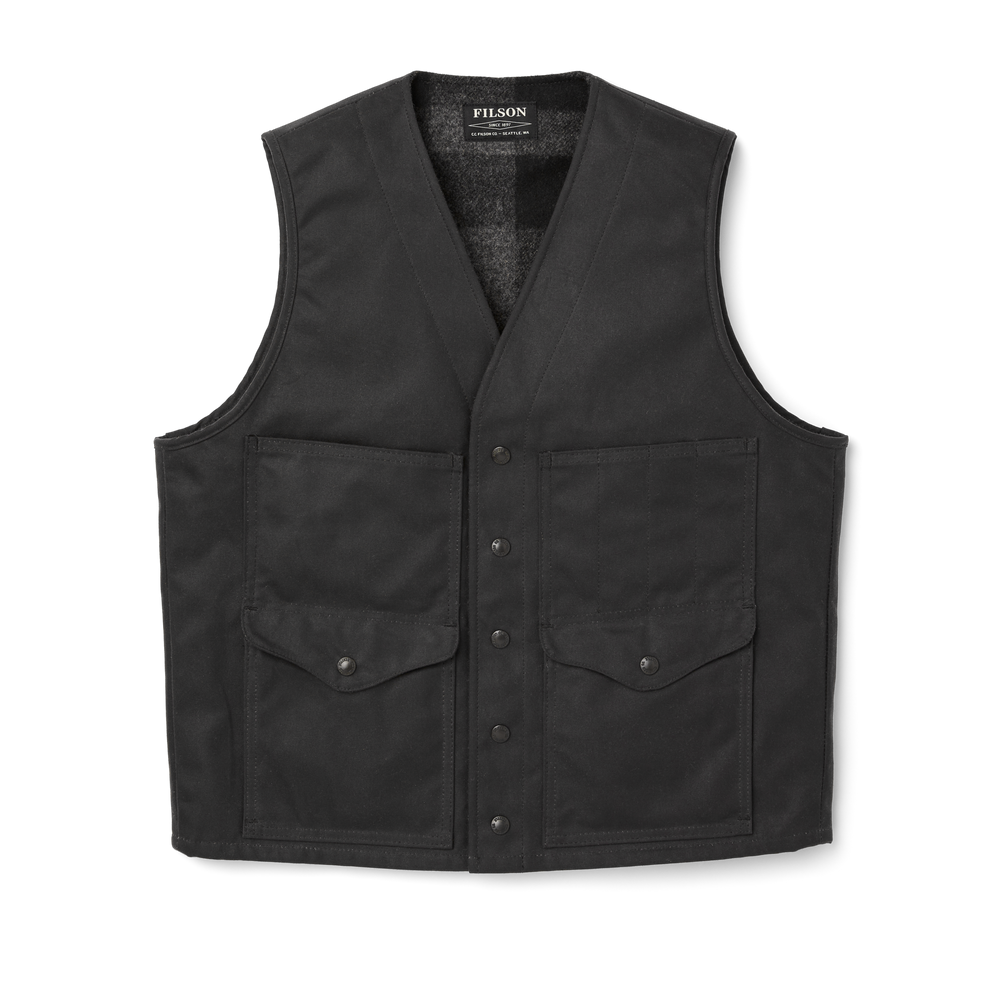 Front-facing image of the Filson Mackinaw Wool Lined Tin Cloth Vest - Cinder