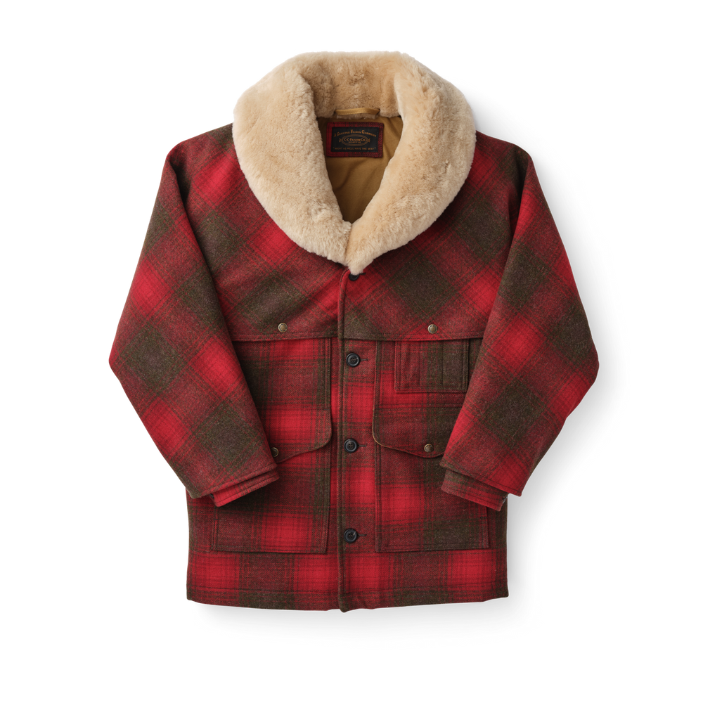 Front-facing image of the Filson Lined Mackinaw Wool Packer Coat - Red/green/dark Brown Plaid