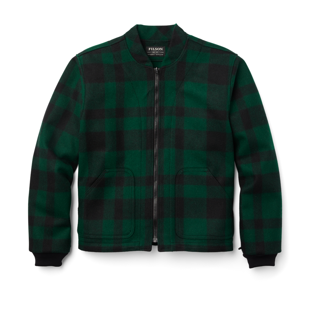 Front-facing image of the Filson Mackinaw Wool Jacket Liner - Green / Black Plaid