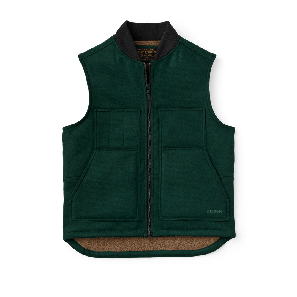 Front-facing image of the Filson Lined Mackinaw Wool Work Vest - Dark Spruce