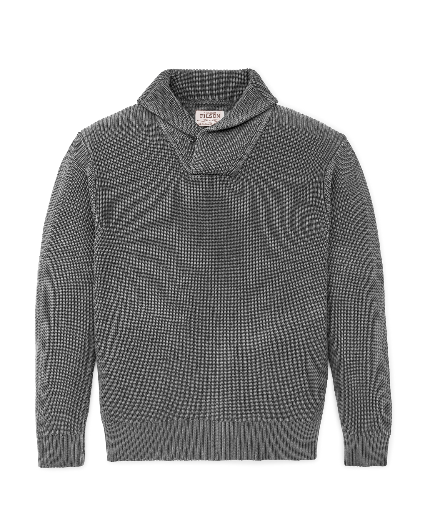Front-facing image of the Filson Vintage Cotton Shawl Neck Sweater - Charcoal