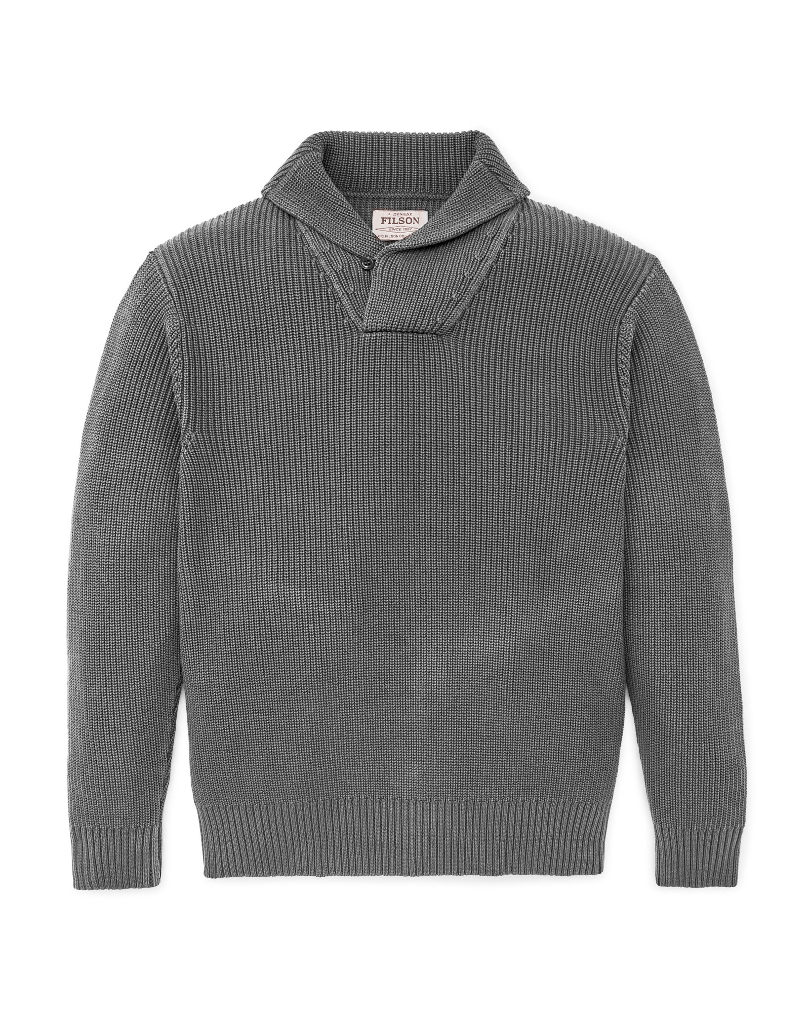 Front-facing image of the Filson Vintage Cotton Shawl Neck Sweater - Charcoal