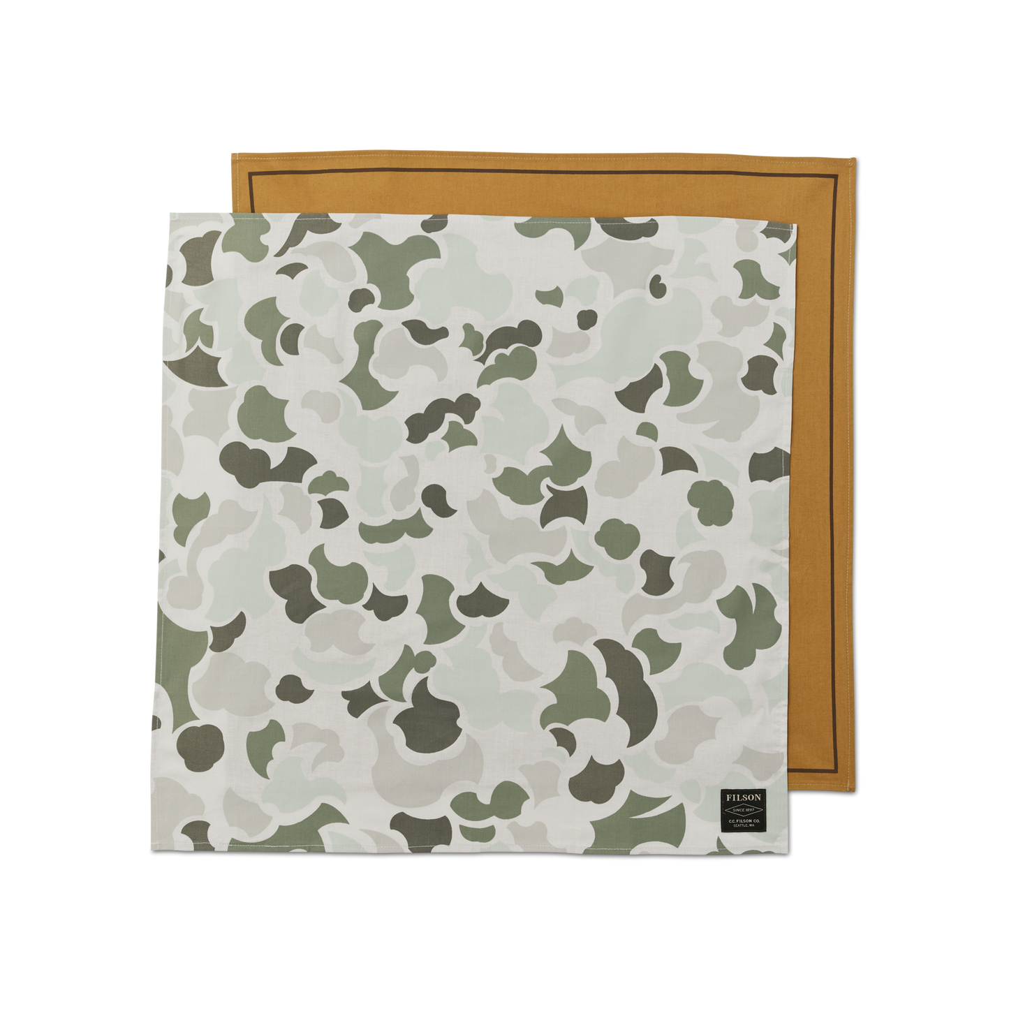Front-facing image of the Filson Sportsman Bandana 2-pack - Sage Shrub Camo / Khaki