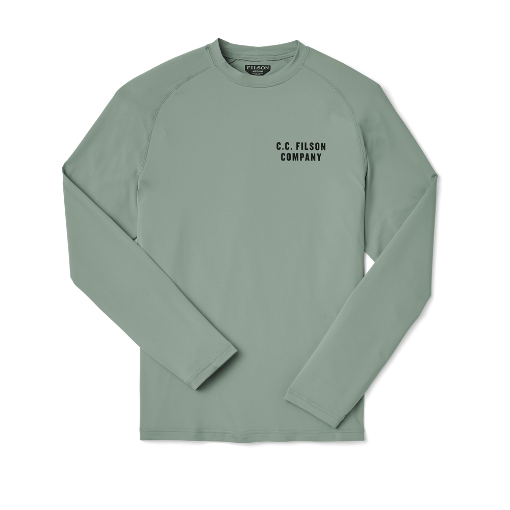 Front-facing image of the Filson Long Sleeve Barrier T-shirt - Desert Sage (trout Rising)
