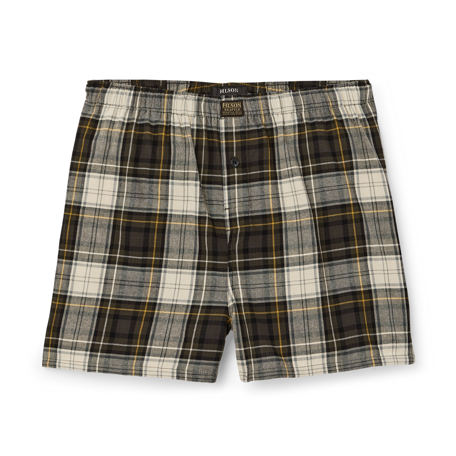 Front-facing image of the Filson Smokey Bear Lounge Shorts - Forest Hunt Plaid