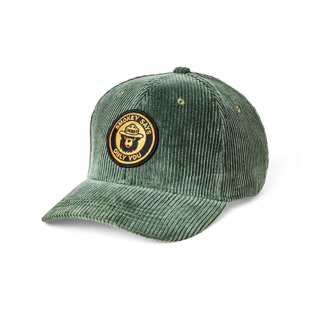 Front-facing image of the Filson Smokey Bear Logger Cap - Spruce / Smokey