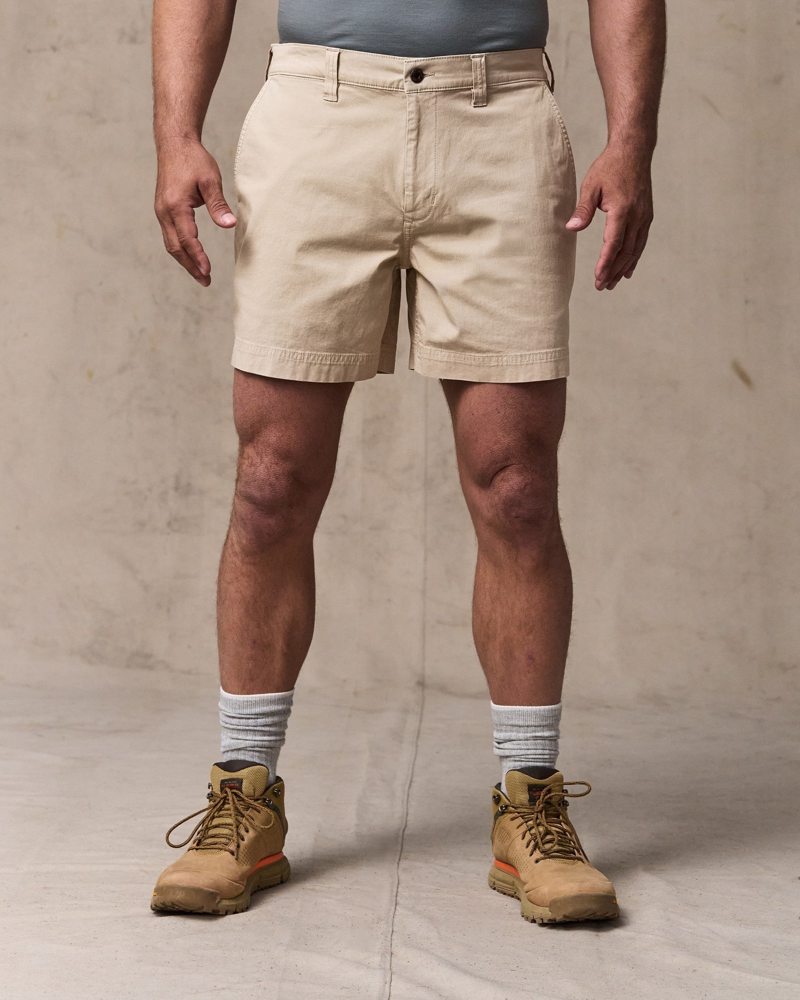 image of a model wearing Filson's Granite Mountain 6" Shorts - Buck Tan