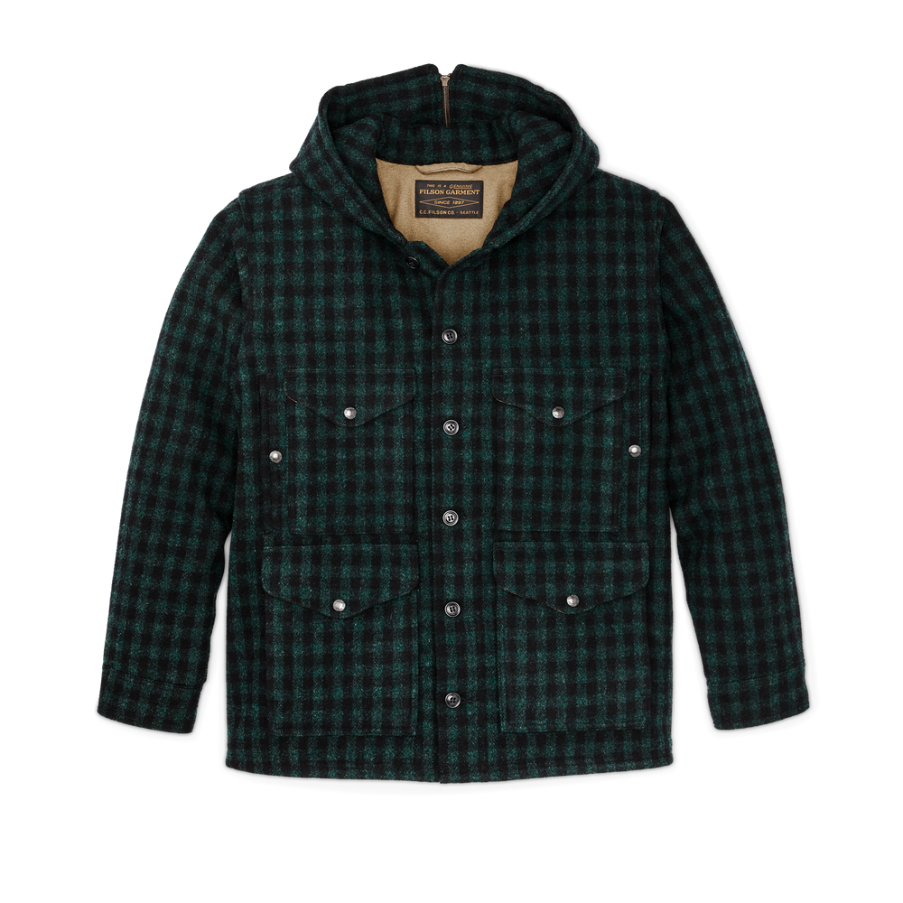 Front-facing image of the Filson Mackinaw Wool Hooded Cruiser Jacket - Dark Timber / Black Check