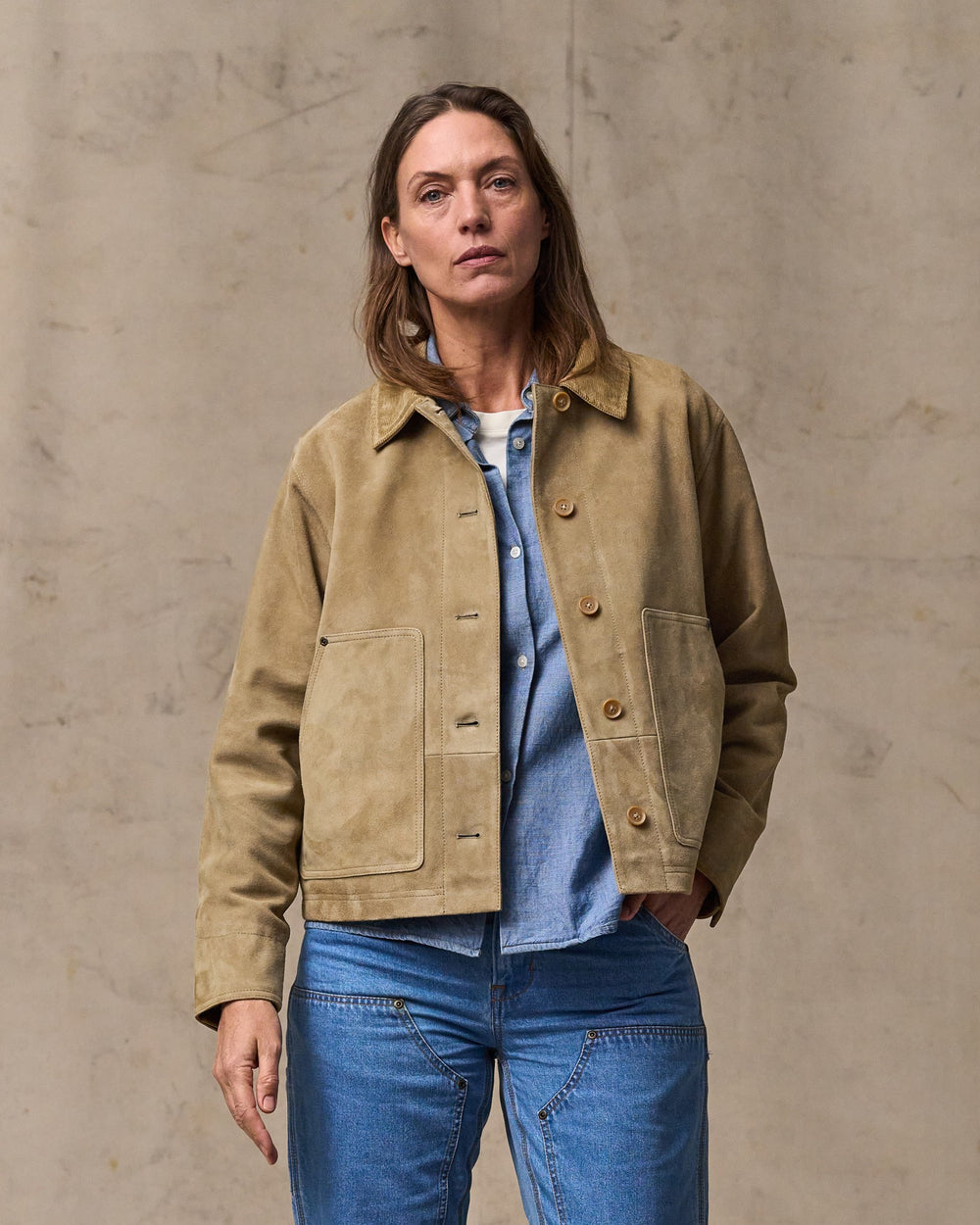 image of a model wearing Filson's Women's Short Suede Barn Jacket - Light Gray