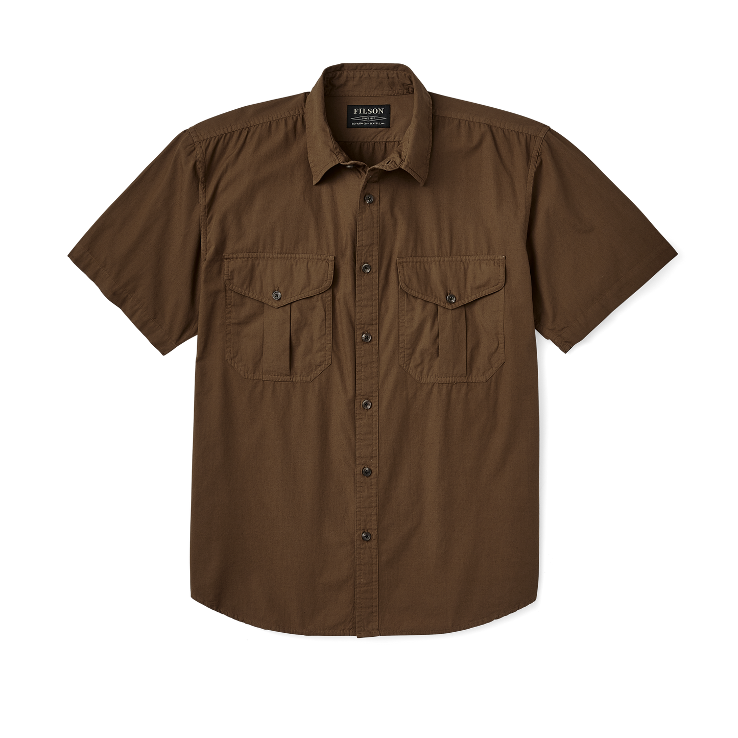 Front-facing image of the Filson Filson's Washed Short Sleeve Feather Cloth Shirt - Lab Brown