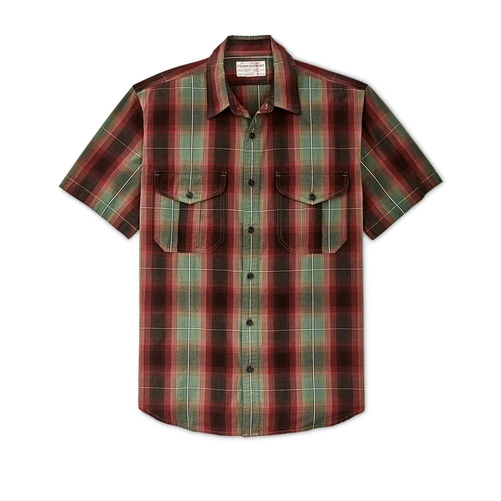 Front-facing image of the Filson Filson's Washed Short Sleeve Feather Cloth Shirt - Green / Red / Black Ombre