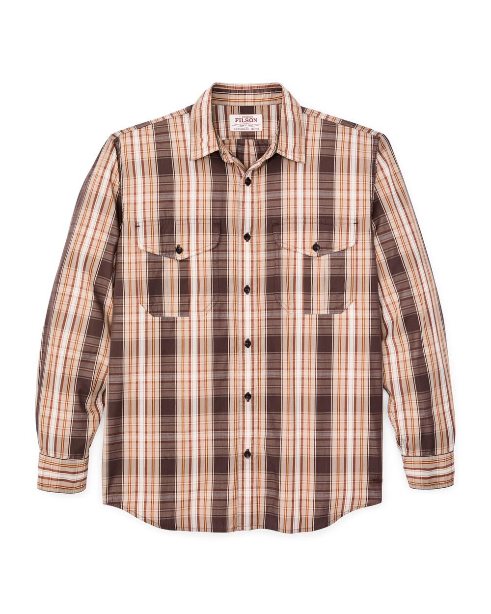 Front-facing image of the Filson Filson's Washed Feather Cloth Shirt - Brown Multi Plaid