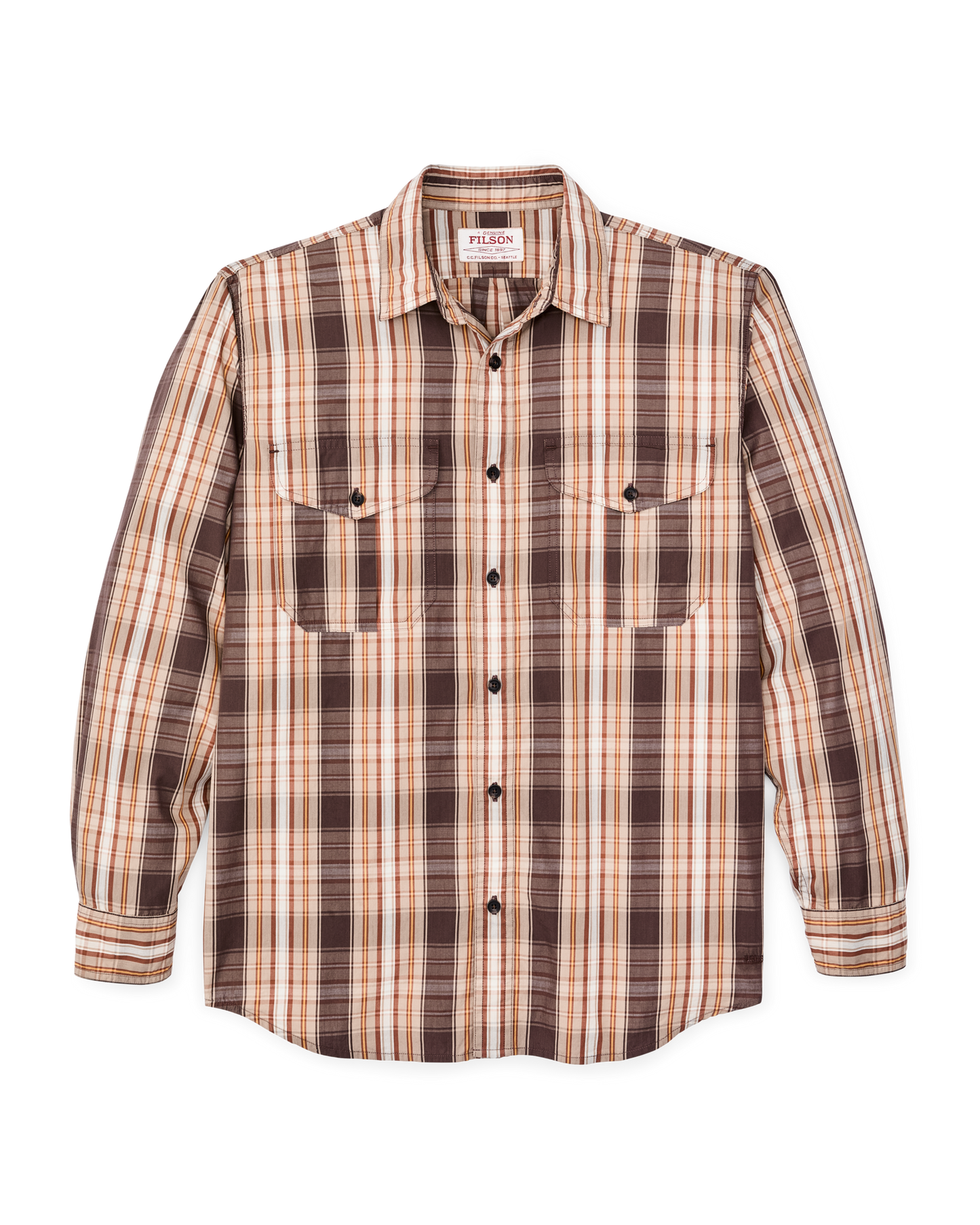 Front-facing image of the Filson Filson's Washed Feather Cloth Shirt - Brown Multi Plaid