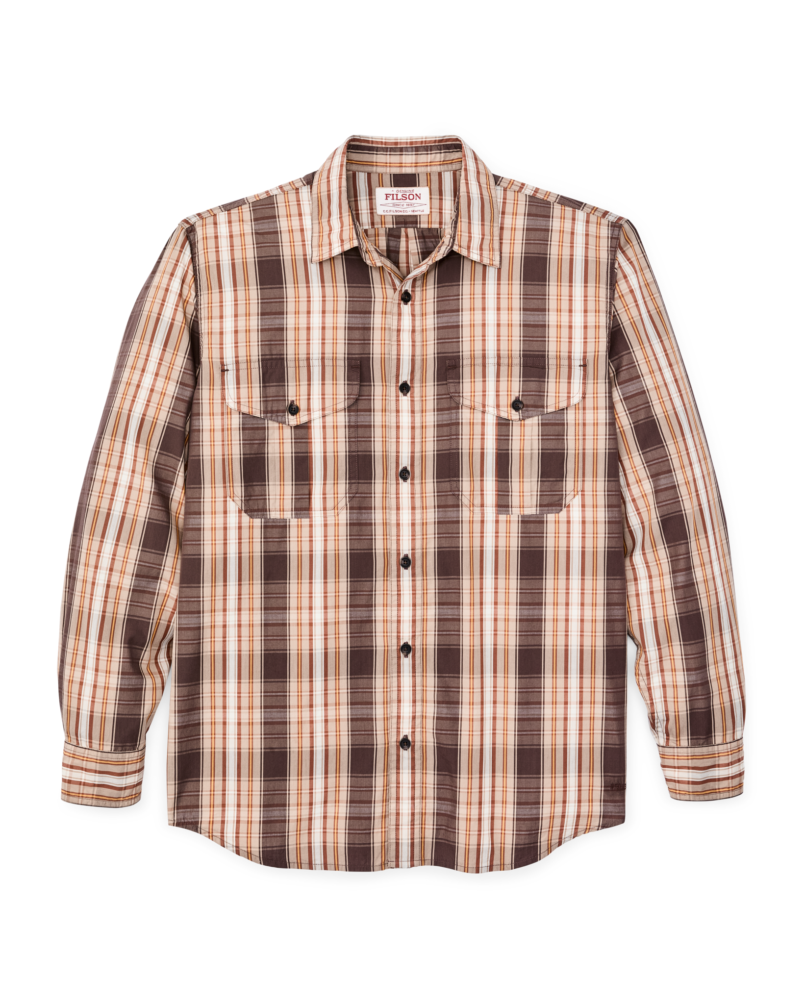 Front-facing image of the Filson Filson's Washed Feather Cloth Shirt - Brown Multi Plaid