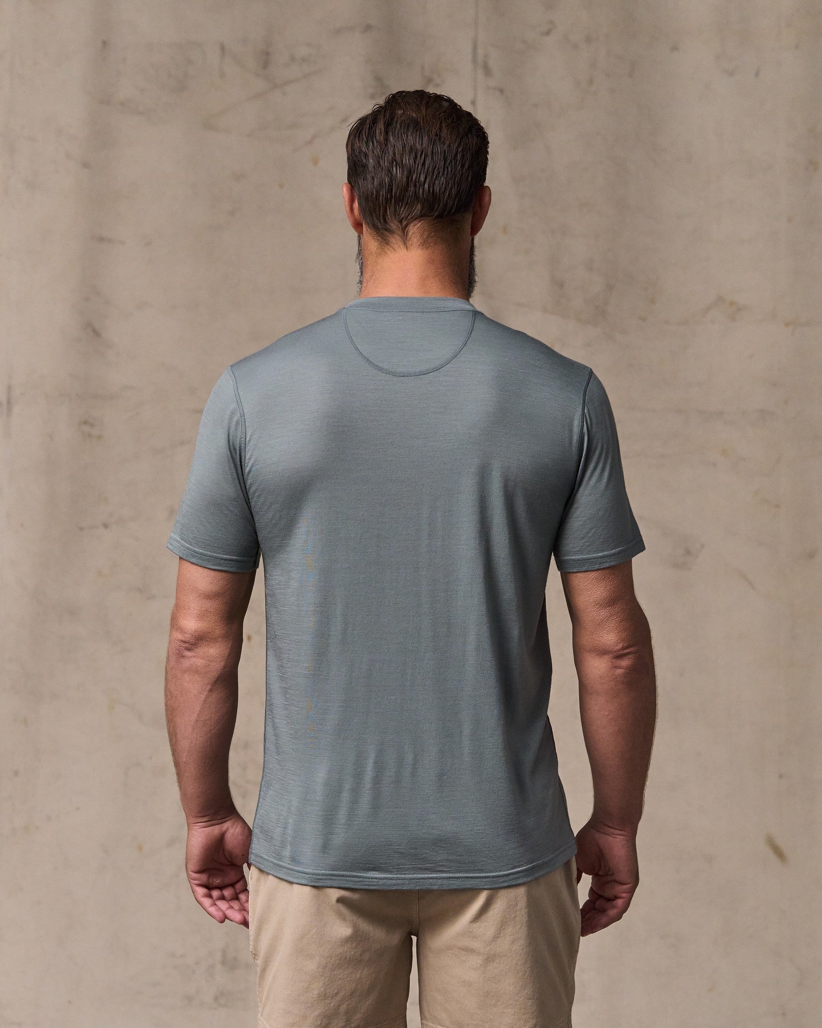image of a model wearing Filson's Wool-blend Upf T-shirt - Sage Gray