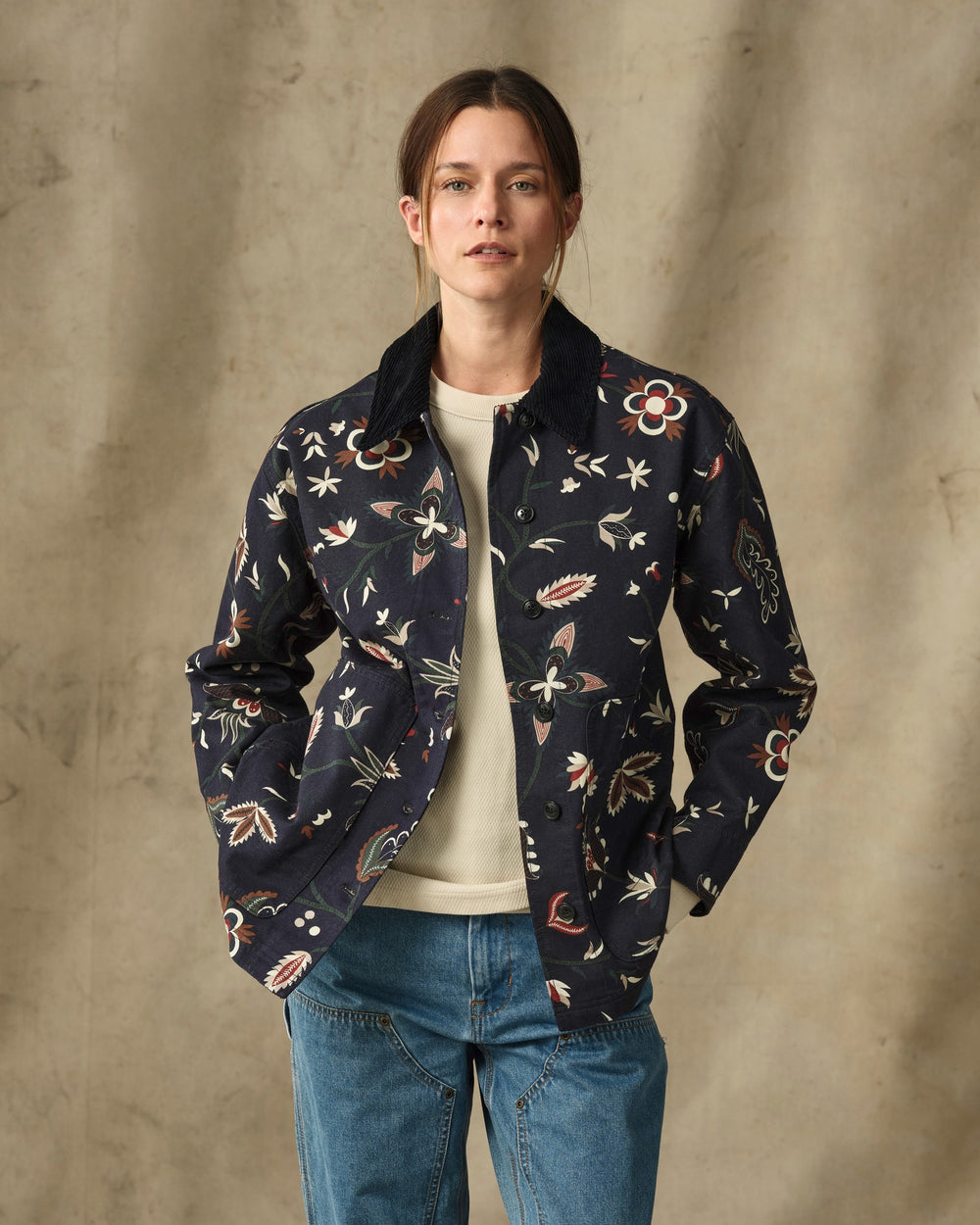 image of a model wearing Filson's Women's Canvas Barn Coat - India Ink Print