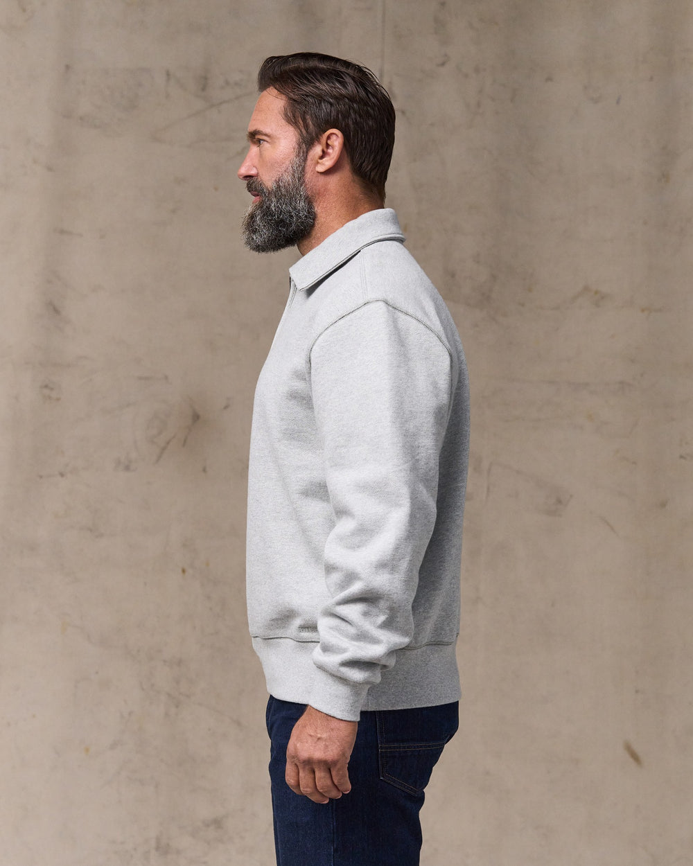 image of a model wearing Filson's 14-oz. Heritage Fleece Quarter Zip - Gray Heather