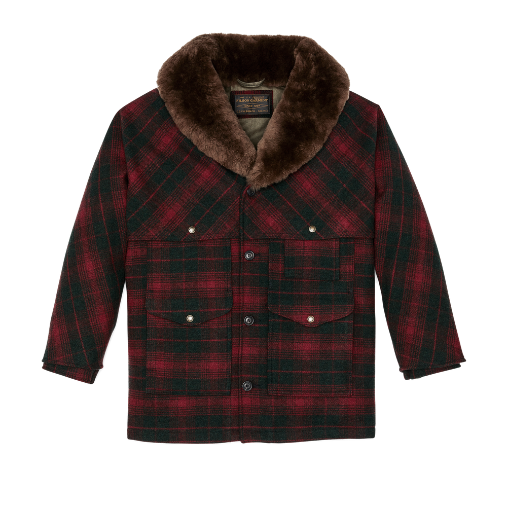 Front-facing image of the Filson Lined Mackinaw Wool Packer Coat - Burgundy / Dark Olive Plaid