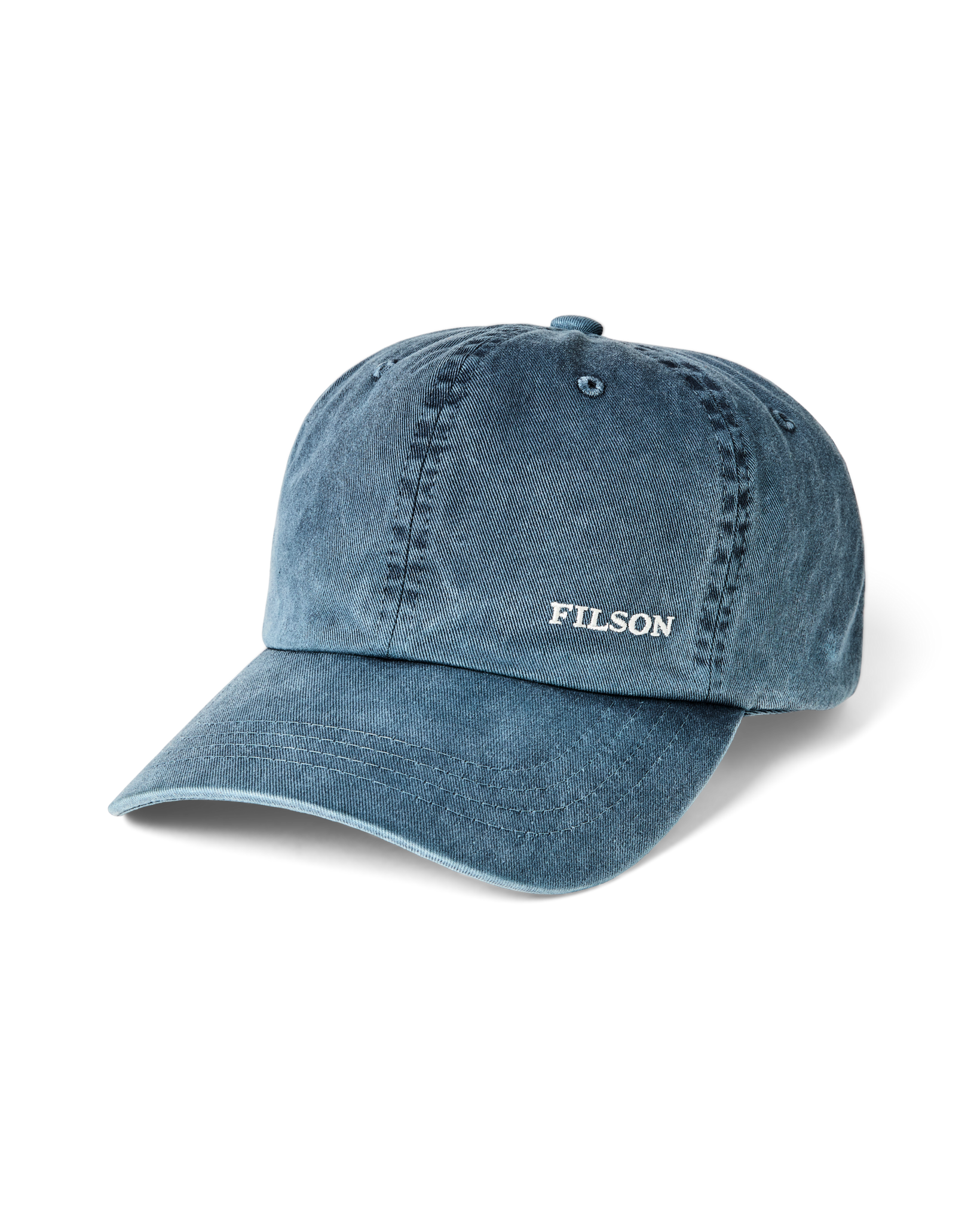 Front-facing image of the Filson Washed Low-profile Logger Cap - Washed Blue