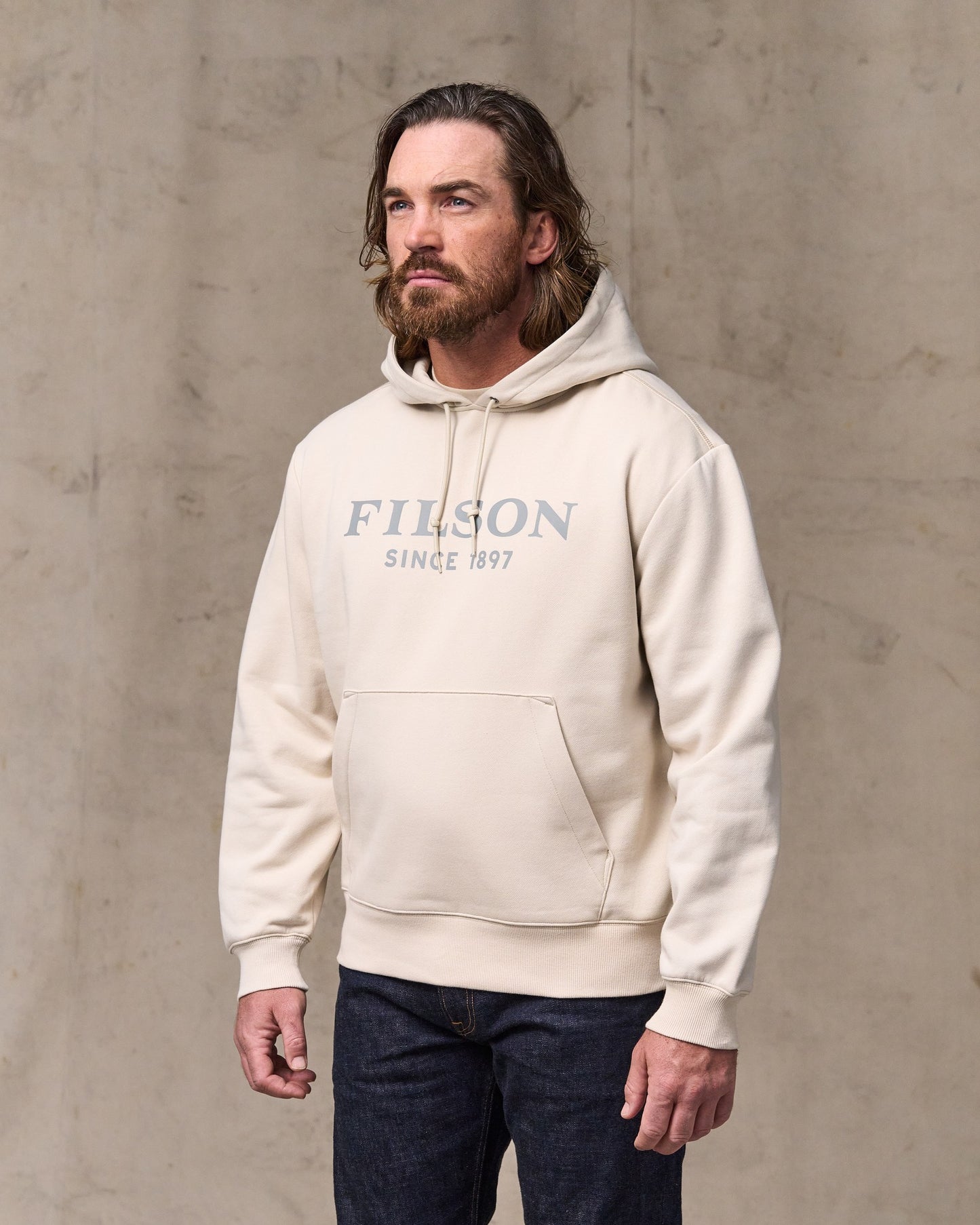 image of a model wearing Filson's Filson Graphic Hoodie - Oatmeal