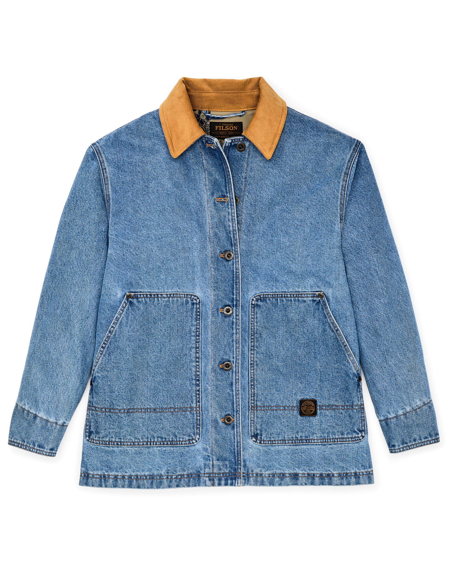 Front-facing image of the Filson Women's 11-oz. Denim Barn Coat - Light Indigo
