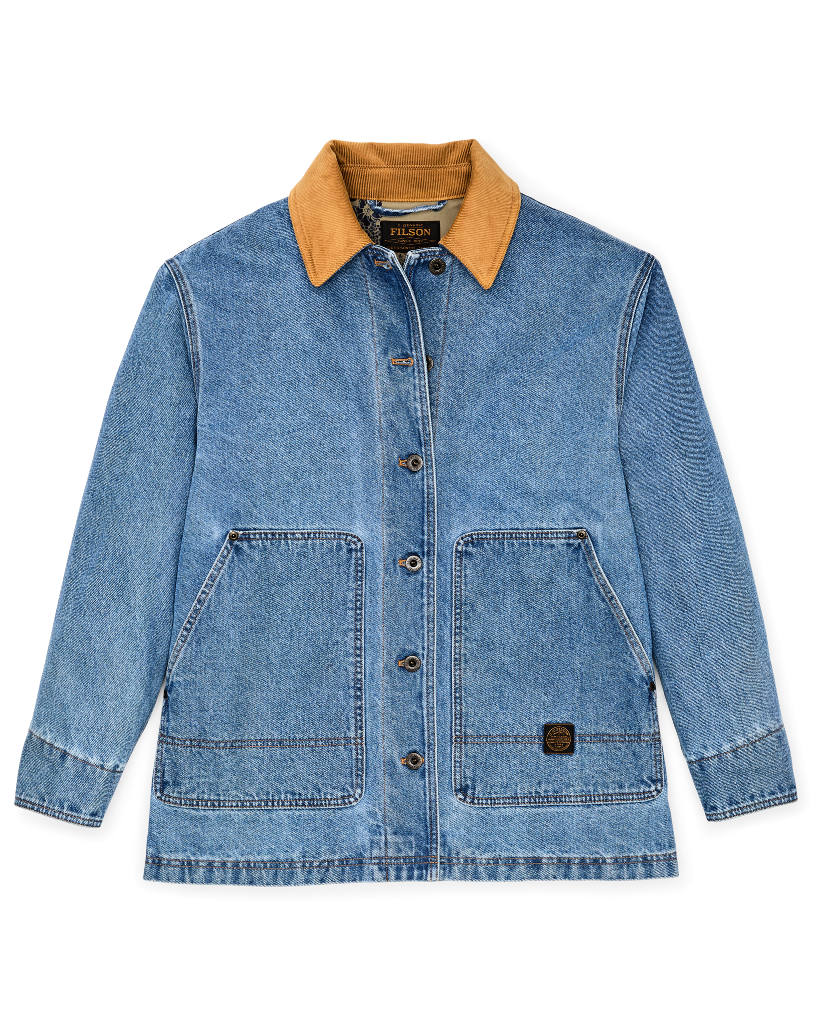 Front-facing image of the Filson Women's 11-oz. Denim Barn Coat - Light Indigo