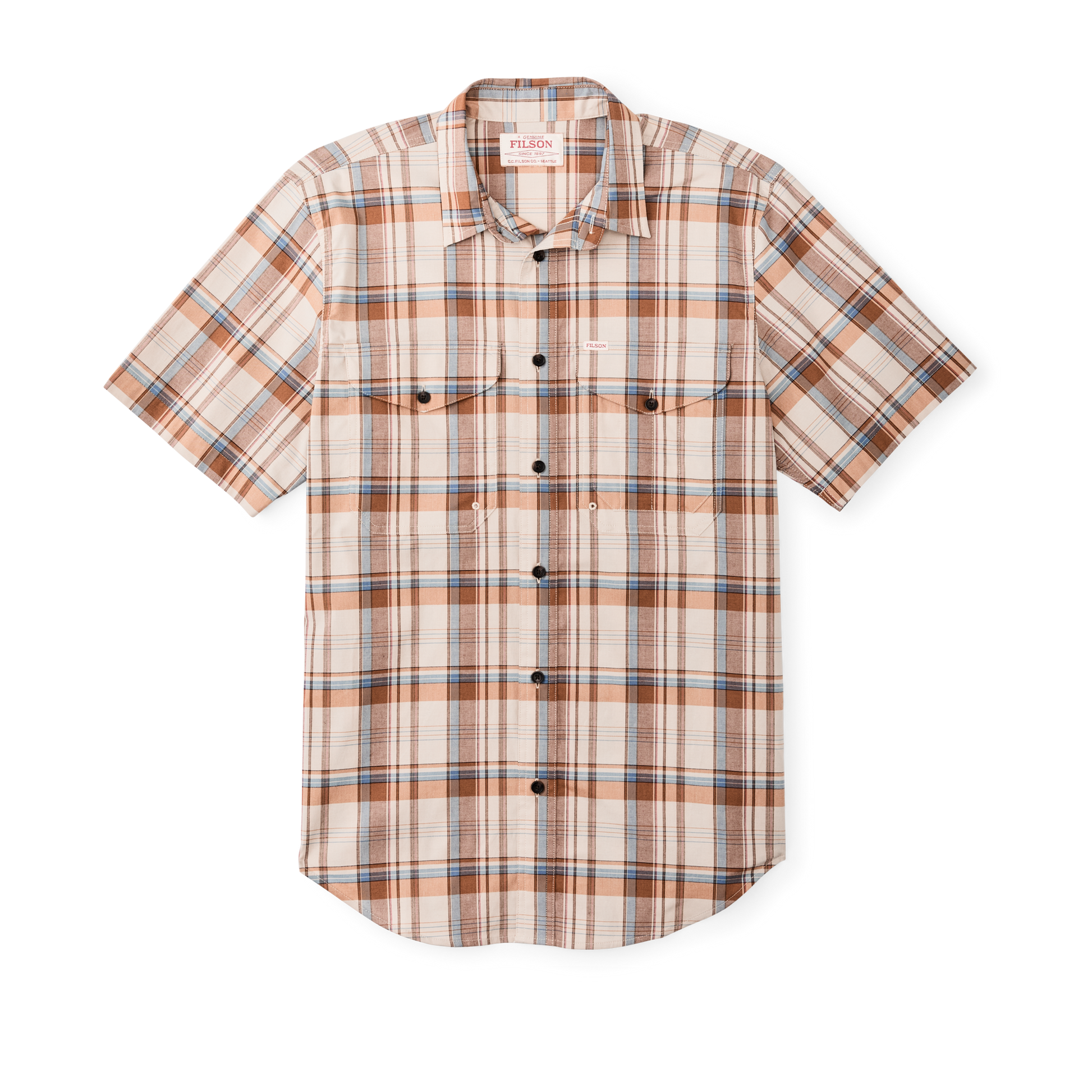Front-facing image of the Filson Twin Lakes Short Sleeve Sport Shirt - Beige / Rust Plaid