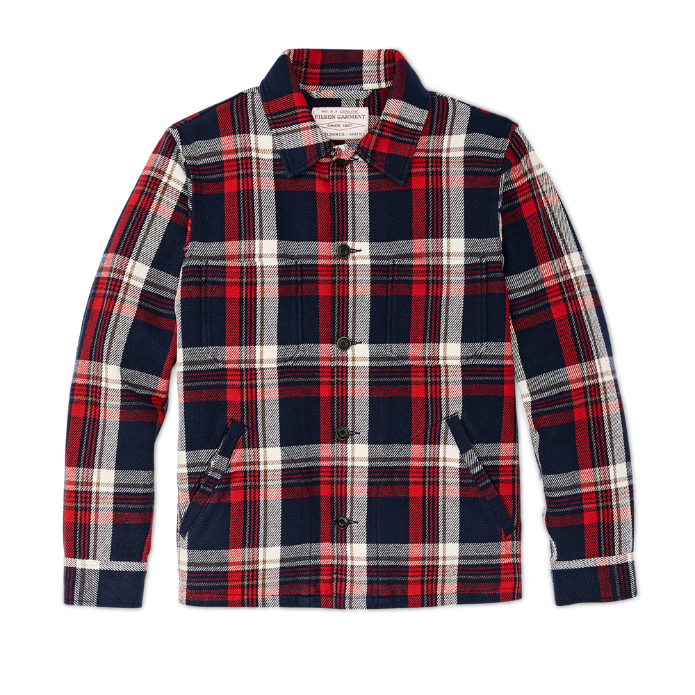 Front-facing image of the Filson Deer Island Ranch Coat - Navy Red Multi Plaid
