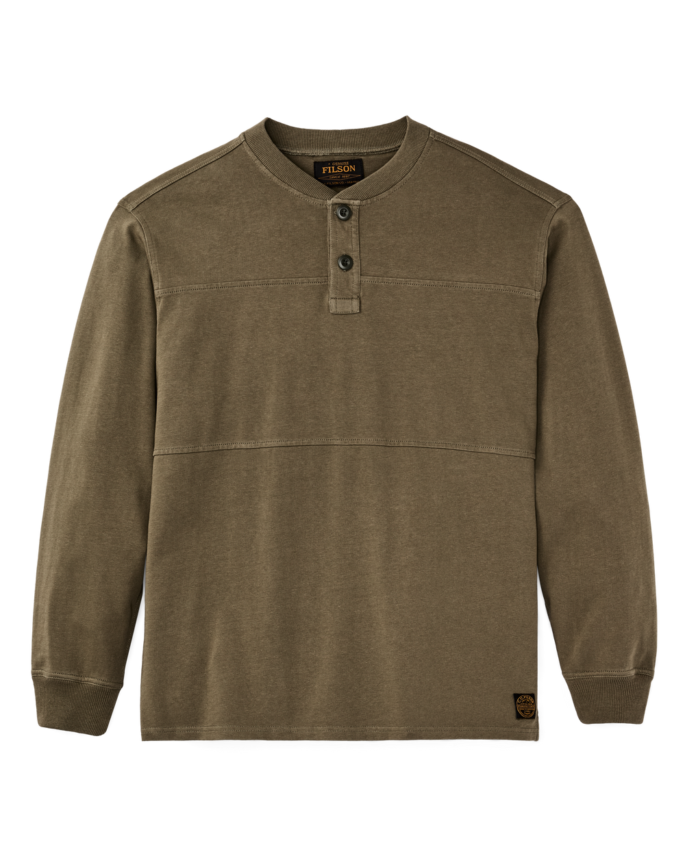 Front-facing image of the Filson Field Knit Henley - Military Olive
