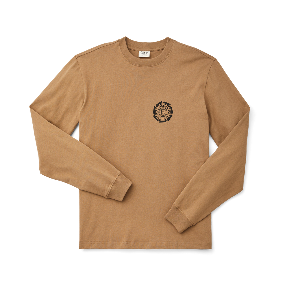 Front-facing image of the Filson L/s Outfitter Graphic T-shirt - Rugged Tan (saw Blade)
