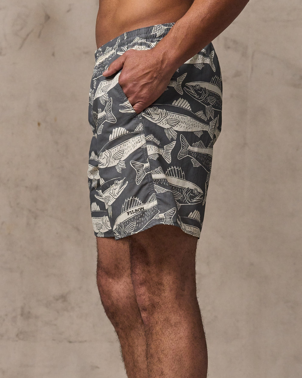 image of a model wearing Filson's Oxbow Lake Trunks - Beluga / Print