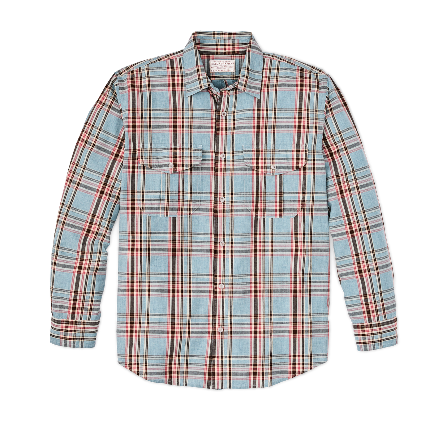 Front-facing image of the Filson Filson's Washed Feather Cloth Shirt - Light Blue / Red / Natural Plaid