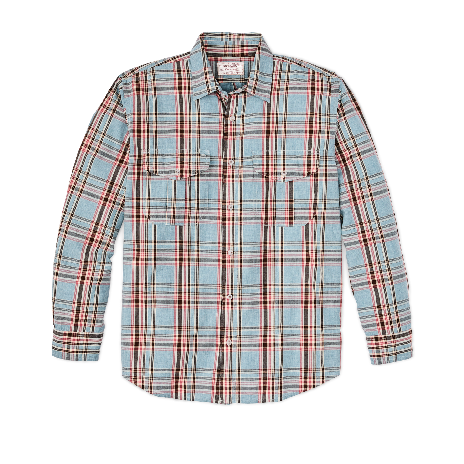 Front-facing image of the Filson Filson's Washed Feather Cloth Shirt - Light Blue / Red / Natural Plaid