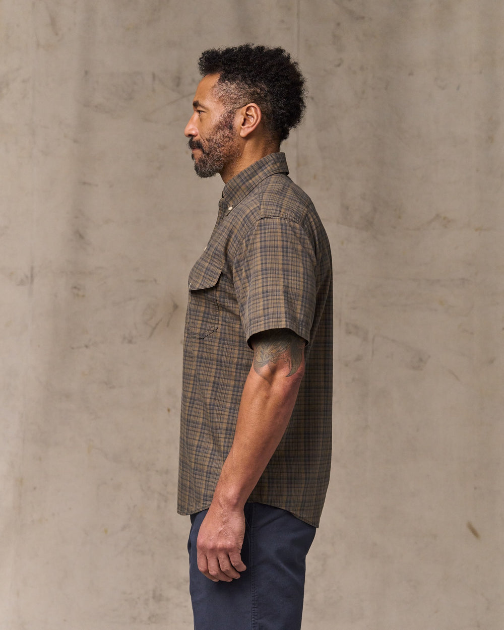 Short Sleeve Madras Popover Shirt - Brown / Olive Plaid