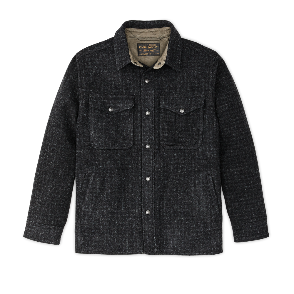 Front-facing image of the Filson Lined Mackinaw Wool Jac Shirt - Black Marl / Heather Check