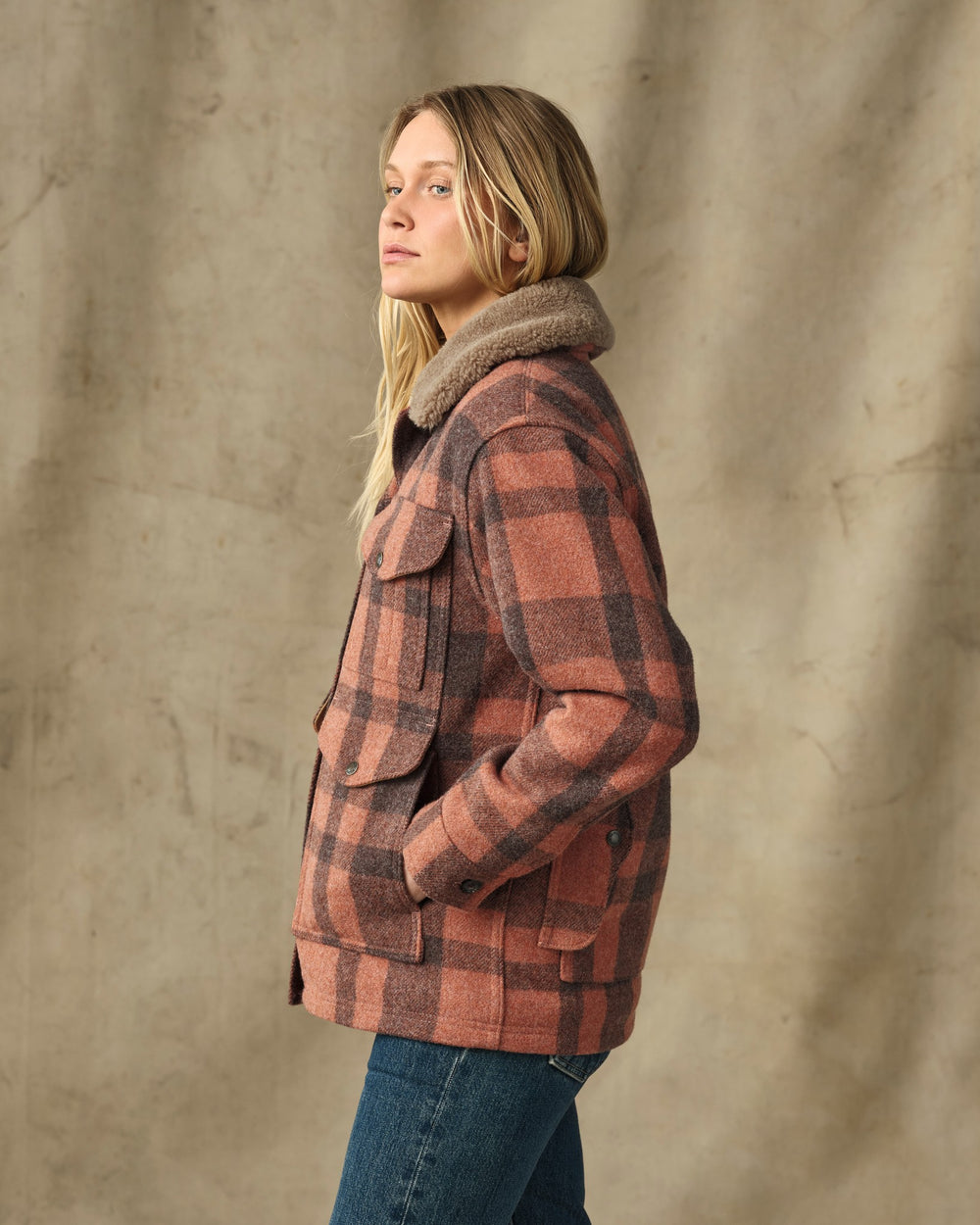 Women's Mackinaw Wool Shearling Cruiser Jacket - Rusty Pink / Dark Brown Plaid