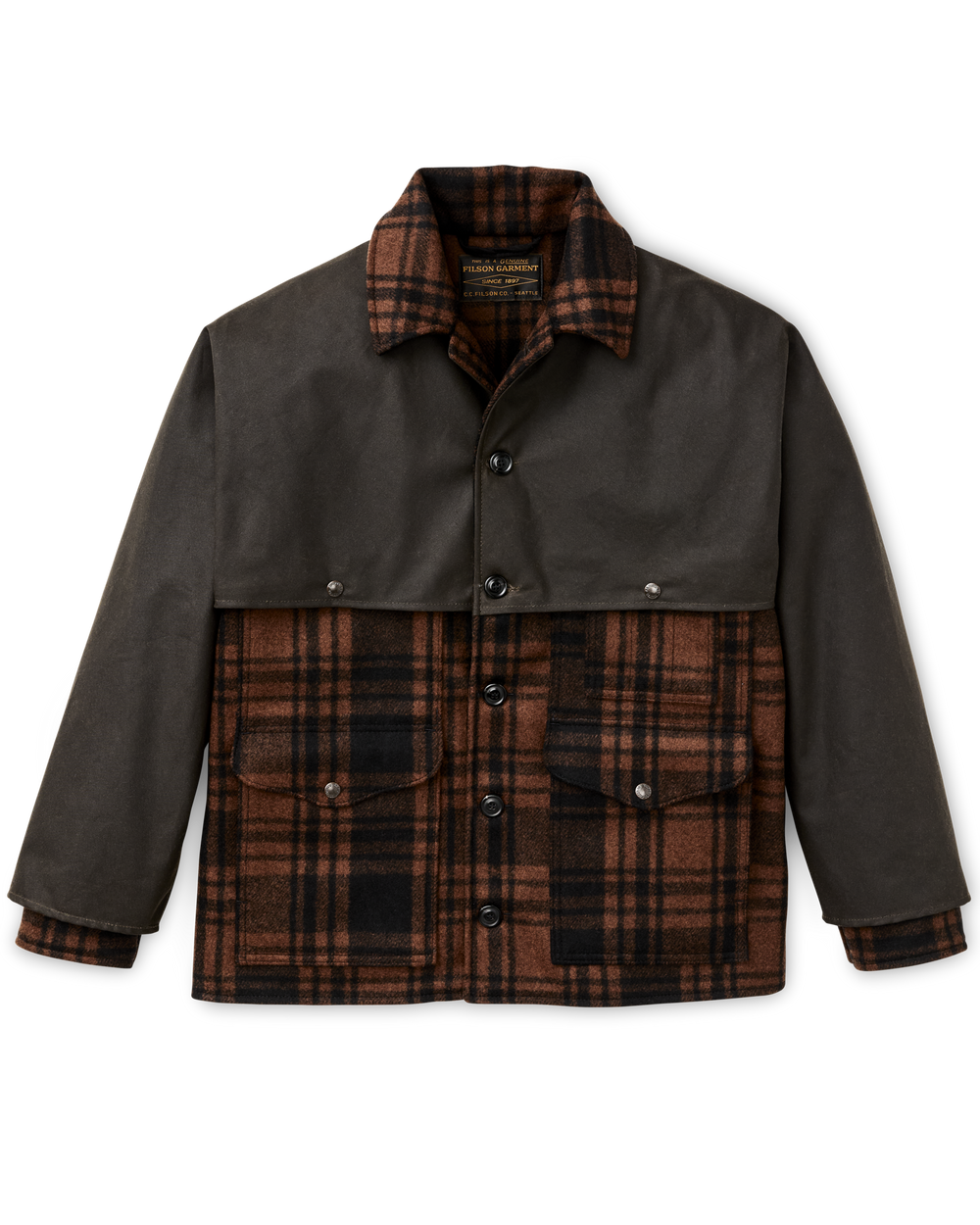 Front-facing image of the Filson Mackinaw Wool Caped Cruiser Jacket - Brick Plaid