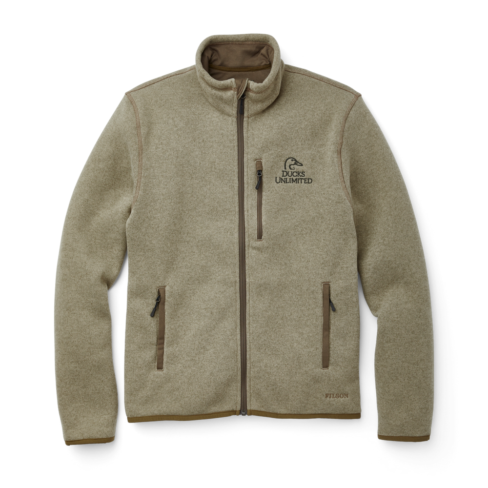 Front-facing image of the Filson Ducks Unlimited Ridgeway Fleece Jacket - Vintage Olive