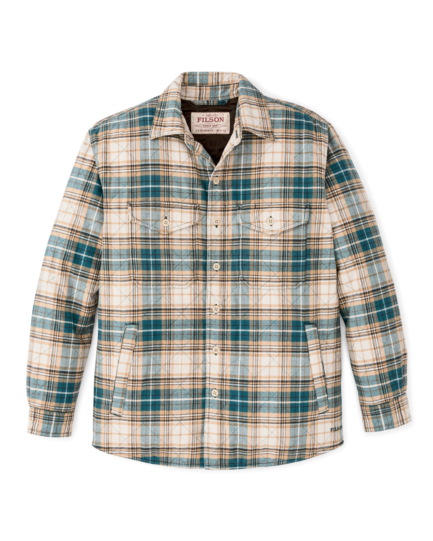 Front-facing image of the Filson Insulated Flannel Jac-shirt - Teal / Khaki Plaid