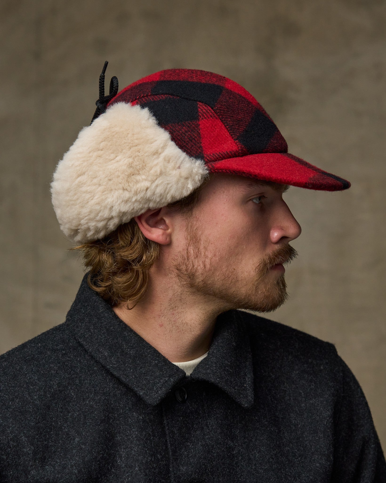 Double Mackinaw Wool Cap - Red Black Plaid/birch