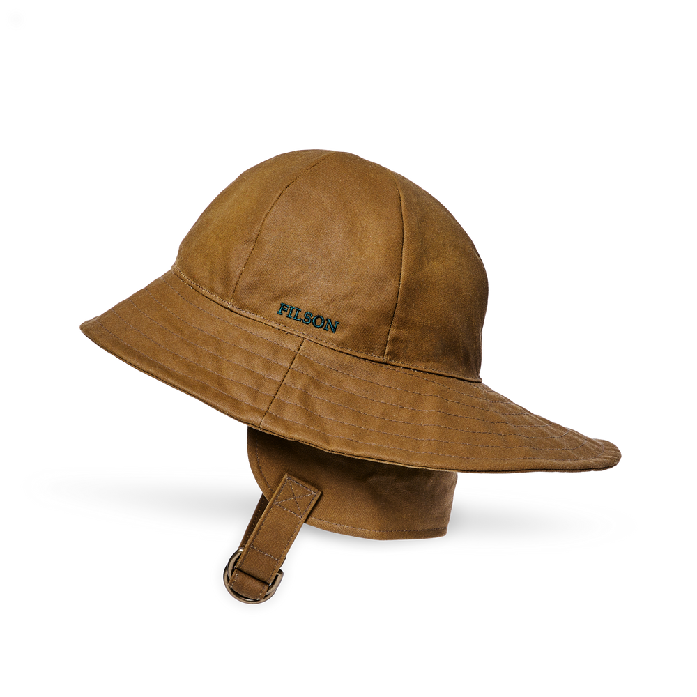 Front-facing image of the Filson Tin Cloth Sou'wester Hat - Dark Tan