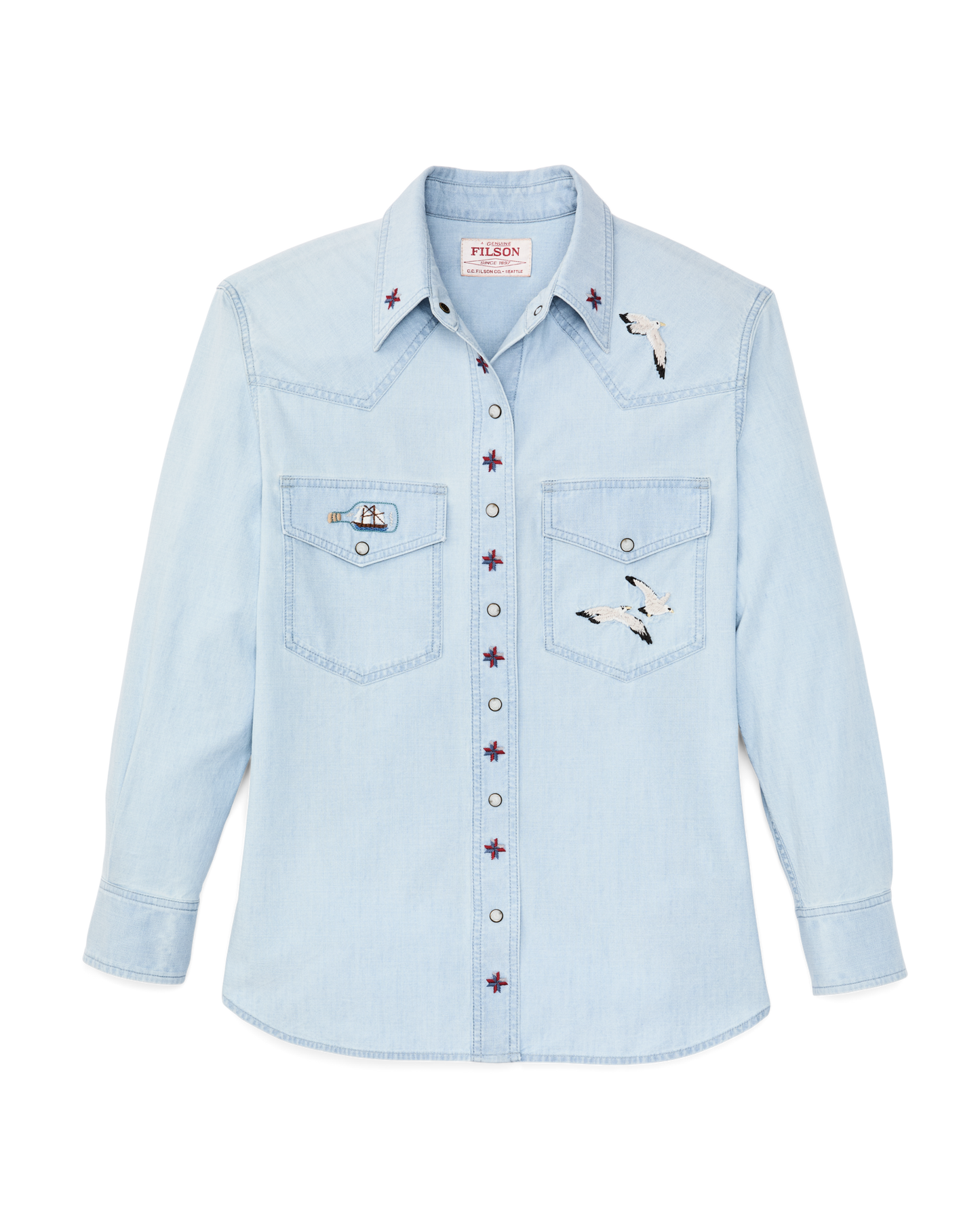 Front-facing image of the Filson Women's Embroidered Western Shirt - Light Indigo