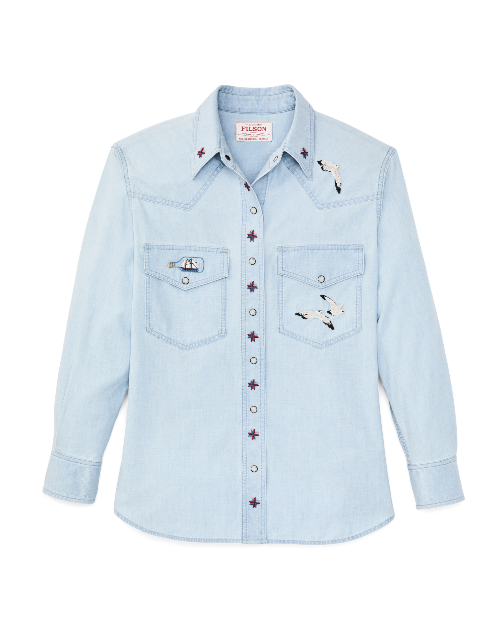 Front-facing image of the Filson Women's Embroidered Western Shirt - Light Indigo