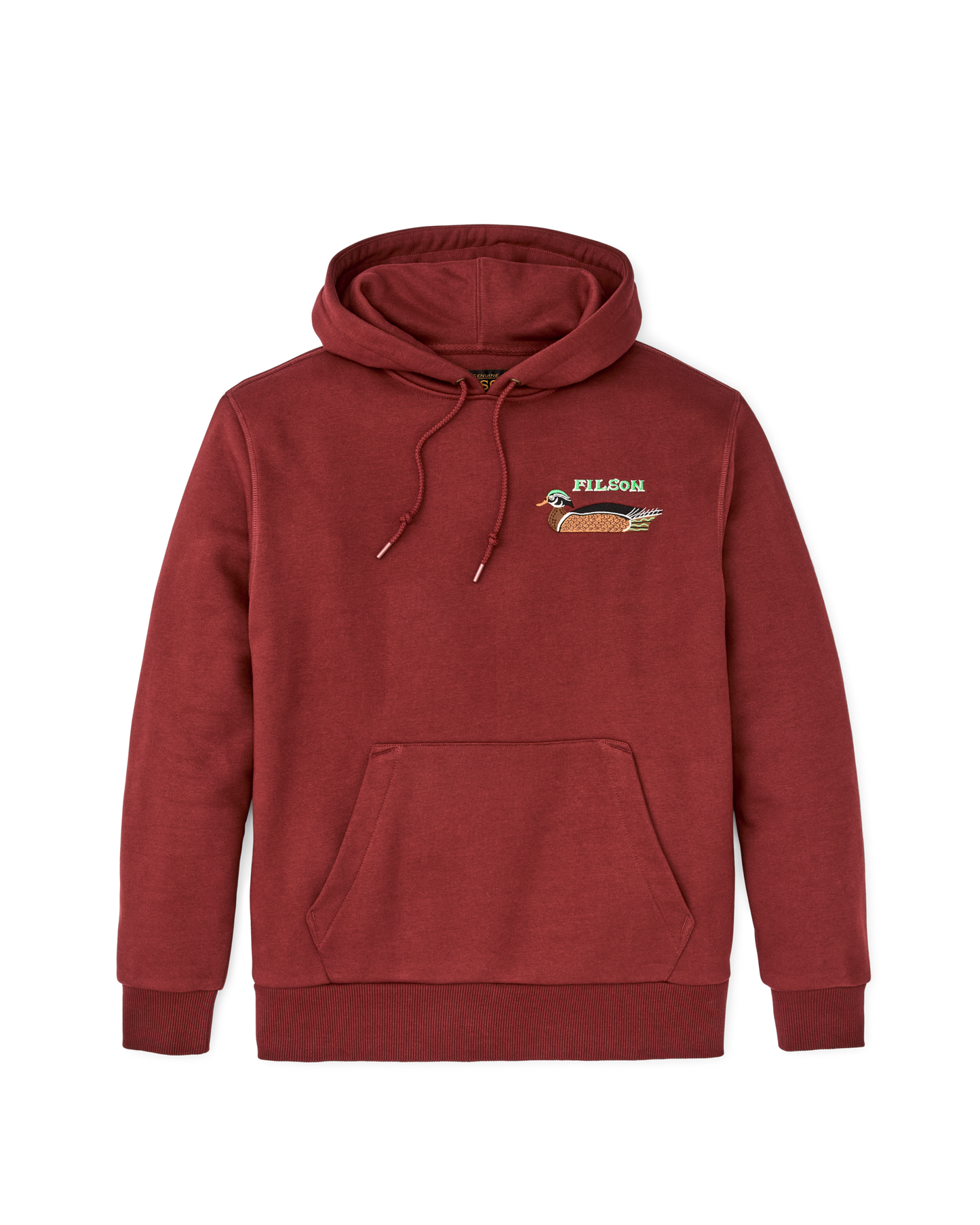 Front-facing image of the Filson Prospector Embroidered Hoodie - Fired Brick / Ducks