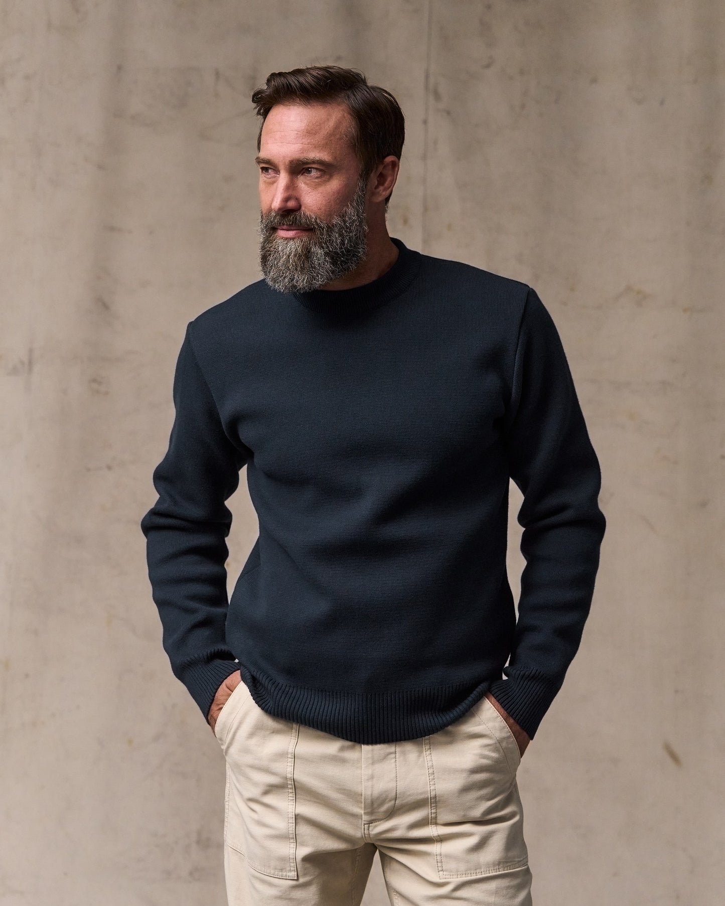 image of a model wearing Filson's Cotton Crewneck Guide Sweater - Dark Navy|Model is 6'1" wearing a size medium
