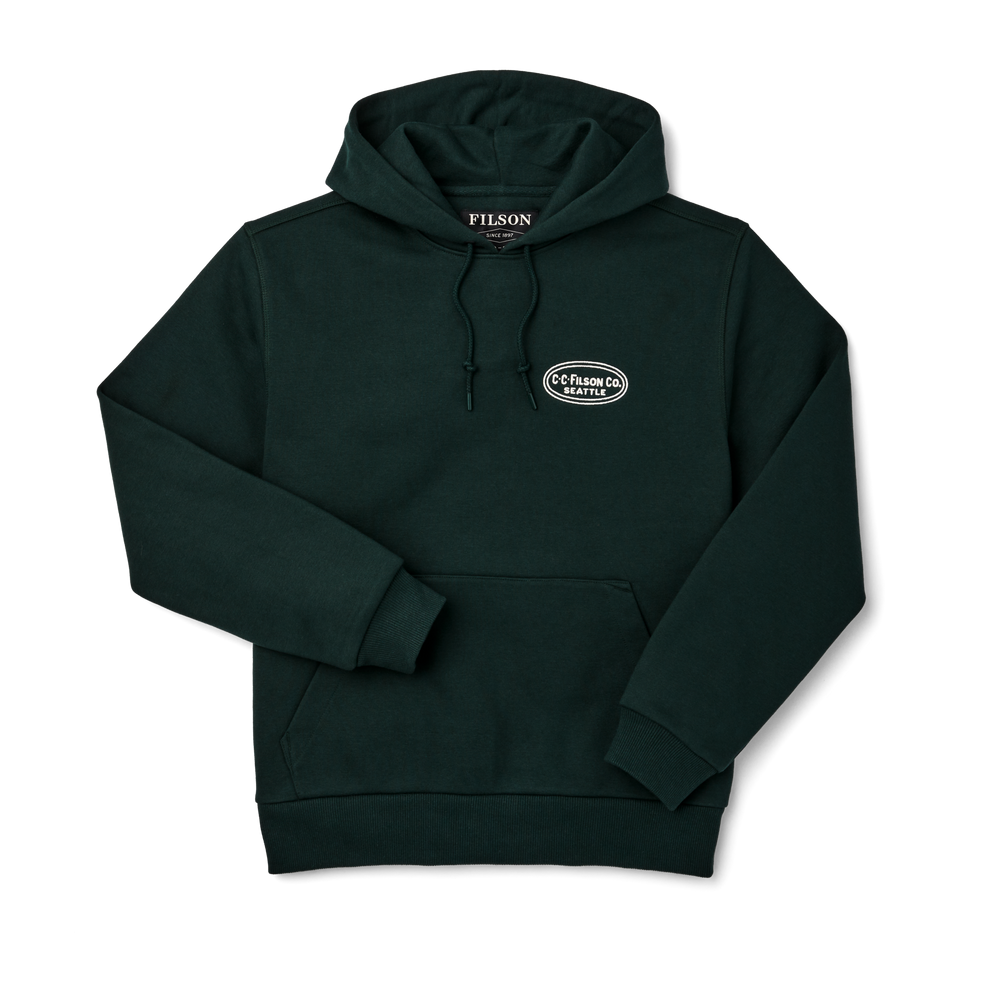 Front-facing image of the Filson Prospector Embroidered Hoodie - Fir Oval