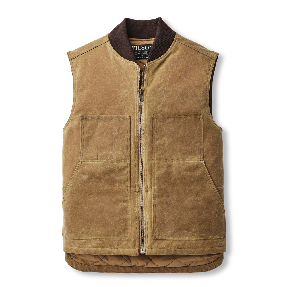 Front-facing image of the Filson Heavyweight Waxed Work Vest (smu) - Dark Tan