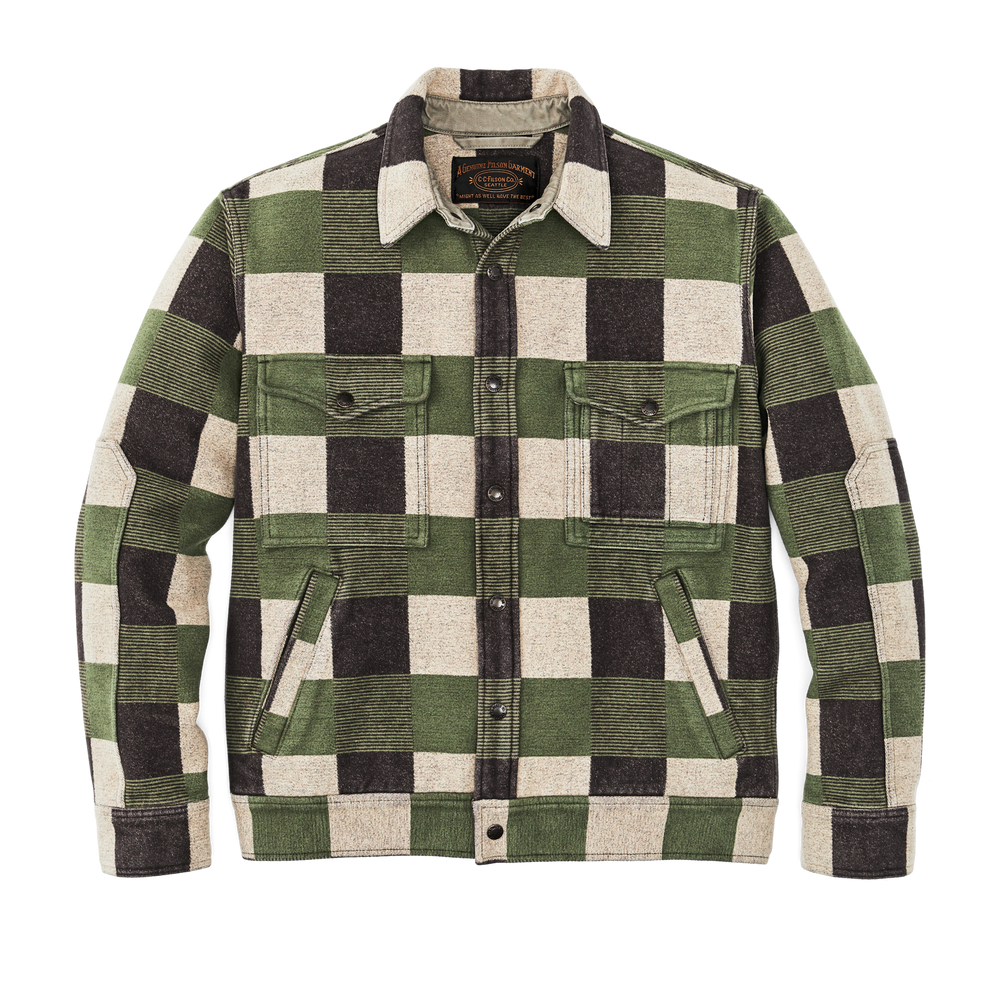 Front-facing image of the Filson Beartooth Camp Jacket - Cinder / Olive Check